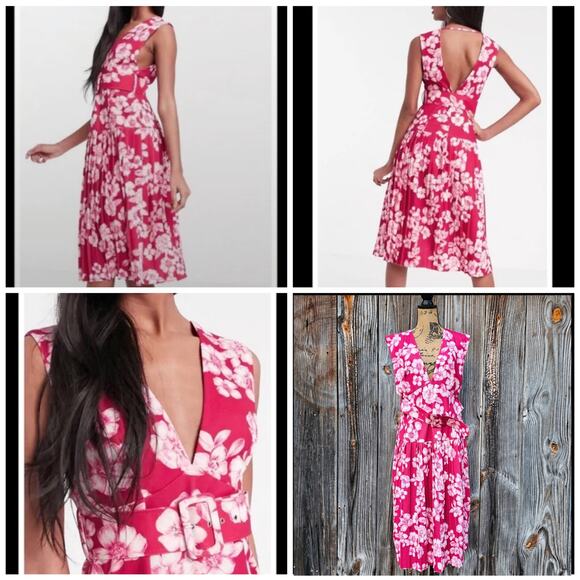 Pink Floral Dress ASOS Size 12 Plunge VNeck Belted Pleats Sleeveless Stretch - Picture 6 of 11